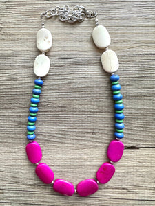 White Rainbow Necklace, single strand jewel tones jewelry, beaded chunky statement layering necklace, colorful purple blue green stones