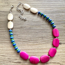 Load image into Gallery viewer, White Rainbow Necklace, single strand jewel tones jewelry, beaded chunky statement layering necklace, colorful purple blue green stones