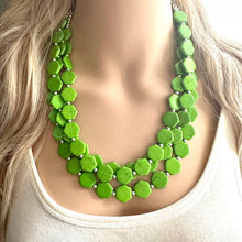 Load image into Gallery viewer, Bright Green Chunky Statement Necklace, Big beaded jewelry, 3 Strand Statement Bib necklace, silver geometric bridesmaid wedding earrings