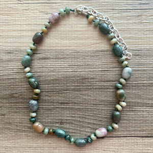 Natural Indian Agate Genuine GemStone Necklace rainbow, silver statement jewelry long beaded statement layering beaded stone colorful