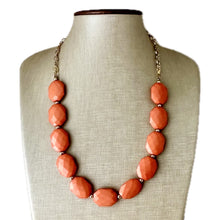 Load image into Gallery viewer, Burnt Sienna &amp; Gold Long Necklace, dark orange ball bead necklace, single strand bib necklace, brown champagne statement layering jewelry
