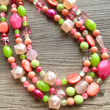 Load image into Gallery viewer, Tropical Mango 2 Strand statement necklace, big beaded chunky jewelry, Hot Pink Orange Lime Green Coral Bib Jewelry Set earrings set