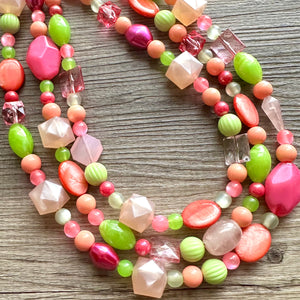 Tropical Mango 2 Strand statement necklace, big beaded chunky jewelry, Hot Pink Orange Lime Green Coral Bib Jewelry Set earrings set