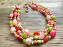 Load image into Gallery viewer, Tropical Mango 2 Strand statement necklace, big beaded chunky jewelry, Hot Pink Orange Lime Green Coral Bib Jewelry Set earrings set