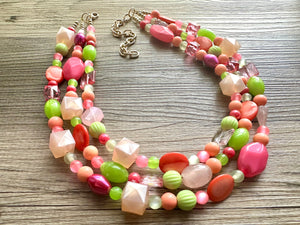 Tropical Mango 2 Strand statement necklace, big beaded chunky jewelry, Hot Pink Orange Lime Green Coral Bib Jewelry Set earrings set