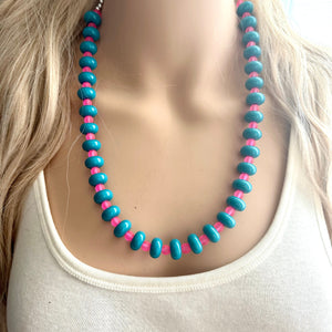 Blue & Pink Chunky Statement Necklace single Strand Beaded jewelry, bridesmaid bib wedding, resin donut layering turquoise teal hot pink