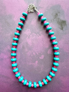 Blue & Pink Chunky Statement Necklace single Strand Beaded jewelry, bridesmaid bib wedding, resin donut layering turquoise teal hot pink