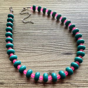 Blue & Pink Chunky Statement Necklace single Strand Beaded jewelry, bridesmaid bib wedding, resin donut layering turquoise teal hot pink