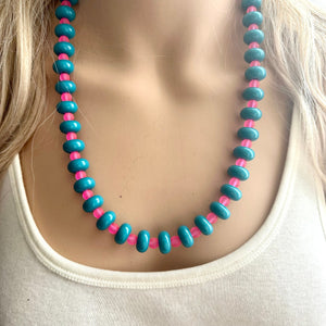 Blue & Pink Chunky Statement Necklace single Strand Beaded jewelry, bridesmaid bib wedding, resin donut layering turquoise teal hot pink