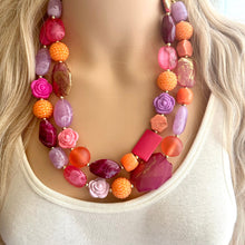 Load image into Gallery viewer, Painted Santorini Chunky Statement Necklace, Big beaded jewelry, Double Strand Statement bib purple orange hot pink magenta jewelry