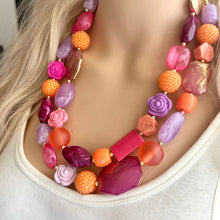 Load image into Gallery viewer, Painted Santorini Chunky Statement Necklace, Big beaded jewelry, Double Strand Statement bib purple orange hot pink magenta jewelry