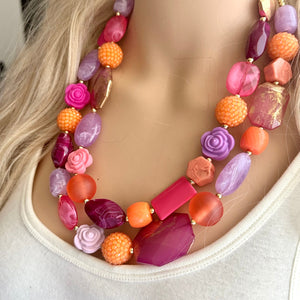 Painted Santorini Chunky Statement Necklace, Big beaded jewelry, Double Strand Statement bib purple orange hot pink magenta jewelry