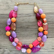 Load image into Gallery viewer, Painted Santorini Chunky Statement Necklace, Big beaded jewelry, Double Strand Statement bib purple orange hot pink magenta jewelry