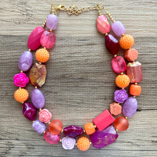 Load image into Gallery viewer, Painted Santorini Chunky Statement Necklace, Big beaded jewelry, Double Strand Statement bib purple orange hot pink magenta jewelry