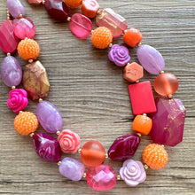 Load image into Gallery viewer, Painted Santorini Chunky Statement Necklace, Big beaded jewelry, Double Strand Statement bib purple orange hot pink magenta jewelry