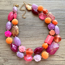 Load image into Gallery viewer, Painted Santorini Chunky Statement Necklace, Big beaded jewelry, Double Strand Statement bib purple orange hot pink magenta jewelry