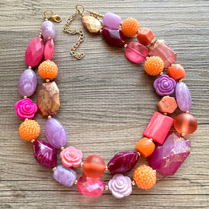 Painted Santorini Chunky Statement Necklace, Big beaded jewelry, Double Strand Statement bib purple orange hot pink magenta jewelry