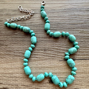 Aqua Jade Beaded 1 strand Statement Necklace, Chunky Bib Single turquoise stone jewelry, gemstone layering light blue green