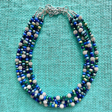 Load image into Gallery viewer, Constellation Hunter Ombré Chunky Statement Necklace, multi Strand Beaded Jewelry, dark blue &amp; green jewelry, 5 strand chunky bib silver