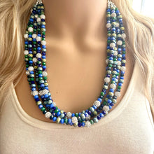 Load image into Gallery viewer, Constellation Hunter Ombré Chunky Statement Necklace, multi Strand Beaded Jewelry, dark blue &amp; green jewelry, 5 strand chunky bib silver