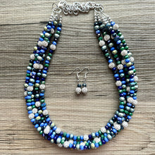 Load image into Gallery viewer, Constellation Hunter Ombré Chunky Statement Necklace, multi Strand Beaded Jewelry, dark blue &amp; green jewelry, 5 strand chunky bib silver