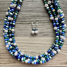 Load image into Gallery viewer, Constellation Hunter Ombré Chunky Statement Necklace, multi Strand Beaded Jewelry, dark blue &amp; green jewelry, 5 strand chunky bib silver