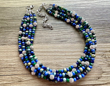 Load image into Gallery viewer, Constellation Hunter Ombré Chunky Statement Necklace, multi Strand Beaded Jewelry, dark blue &amp; green jewelry, 5 strand chunky bib silver