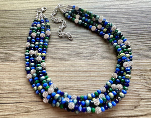 Constellation Hunter Ombré Chunky Statement Necklace, multi Strand Beaded Jewelry, dark blue & green jewelry, 5 strand chunky bib silver