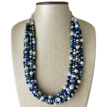 Load image into Gallery viewer, Constellation Hunter Ombré Chunky Statement Necklace, multi Strand Beaded Jewelry, dark blue &amp; green jewelry, 5 strand chunky bib silver