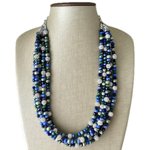 Constellation Hunter Ombré Chunky Statement Necklace, multi Strand Beaded Jewelry, dark blue & green jewelry, 5 strand chunky bib silver