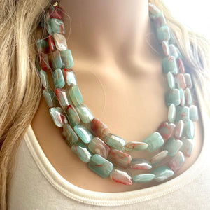 Seafoam Statement Necklace, Triple Strand Chunky Beaded Necklace, red mint green Jewelry, Spring Jewelry, blue Necklace, aqua beaded