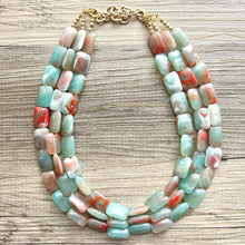 Load image into Gallery viewer, Seafoam Statement Necklace, Triple Strand Chunky Beaded Necklace, red mint green Jewelry, Spring Jewelry, blue Necklace, aqua beaded