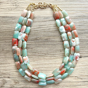 Seafoam Statement Necklace, Triple Strand Chunky Beaded Necklace, red mint green Jewelry, Spring Jewelry, blue Necklace, aqua beaded