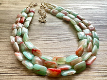 Load image into Gallery viewer, Seafoam Statement Necklace, Triple Strand Chunky Beaded Necklace, red mint green Jewelry, Spring Jewelry, blue Necklace, aqua beaded