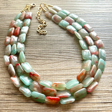 Load image into Gallery viewer, Seafoam Statement Necklace, Triple Strand Chunky Beaded Necklace, red mint green Jewelry, Spring Jewelry, blue Necklace, aqua beaded