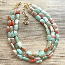 Load image into Gallery viewer, Seafoam Statement Necklace, Triple Strand Chunky Beaded Necklace, red mint green Jewelry, Spring Jewelry, blue Necklace, aqua beaded