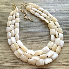 Load image into Gallery viewer, Blonde Beaded Necklace, 3 Strand Statement Jewelry, pale yellow Chunky bib bridesmaid, pastel yellow earrings geometric creamy