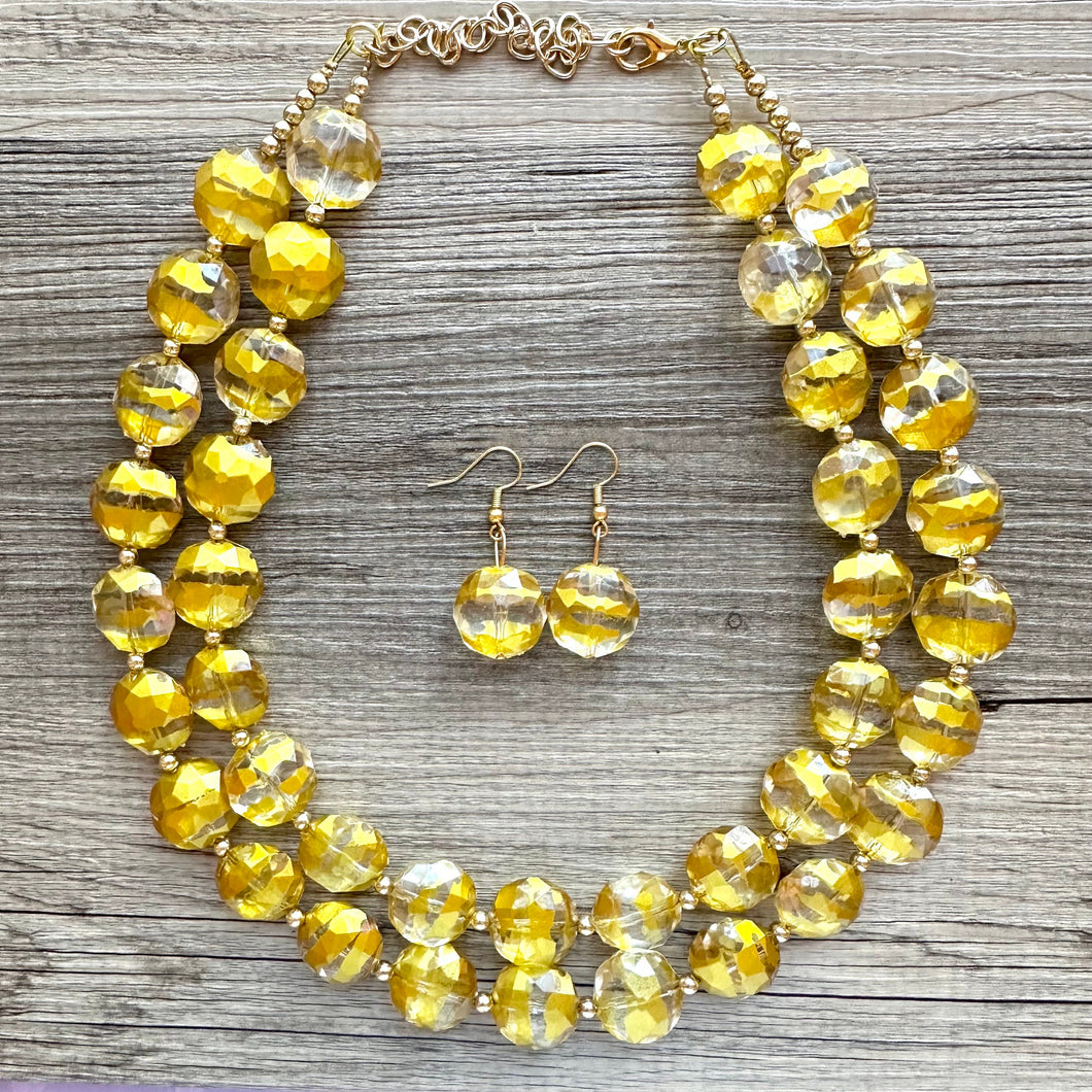 Gold & Resin Painted Chunky Statement Necklace, Big beaded jewelry, Double Strand Statement Necklace, gold navy necklace earring set