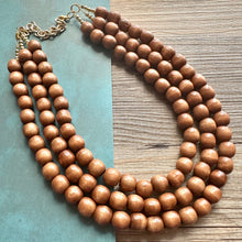 Load image into Gallery viewer, 3 Strand Wood Beaded Necklace, brown Jewelry Chunky statement necklace, big beaded necklace jewelry, natural smooth wood earrings