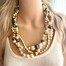 Load image into Gallery viewer, Creamy Champagne Braided Necklace, Chunky Statement Jewelry, Bib Necklace Pearl Necklace Big Bubble Beaded Jewelry, white navy blue wedding