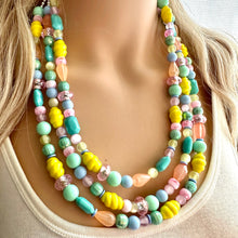 Load image into Gallery viewer, Piccadilly Circus Multi-Color Rainbow Necklace, pastel Chunky Statement Necklace Happy Bright Summer Jewelry, big beaded mint geometric