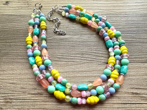 Piccadilly Circus Multi-Color Rainbow Necklace, pastel Chunky Statement Necklace Happy Bright Summer Jewelry, big beaded mint geometric