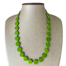 Load image into Gallery viewer, Bright Green Chunky Statement Necklace, Big beaded jewelry, 1 Strand Statement Bib necklace, silver geometric bridesmaid wedding earrings
