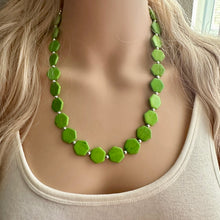 Load image into Gallery viewer, Bright Green Chunky Statement Necklace, Big beaded jewelry, 1 Strand Statement Bib necklace, silver geometric bridesmaid wedding earrings