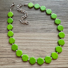 Load image into Gallery viewer, Bright Green Chunky Statement Necklace, Big beaded jewelry, 1 Strand Statement Bib necklace, silver geometric bridesmaid wedding earrings