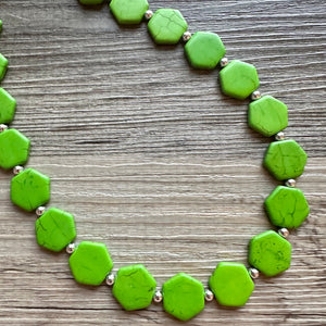 Bright Green Chunky Statement Necklace, Big beaded jewelry, 1 Strand Statement Bib necklace, silver geometric bridesmaid wedding earrings