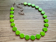 Load image into Gallery viewer, Bright Green Chunky Statement Necklace, Big beaded jewelry, 1 Strand Statement Bib necklace, silver geometric bridesmaid wedding earrings