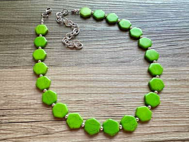 Bright Green Chunky Statement Necklace, Big beaded jewelry, 1 Strand Statement Bib necklace, silver geometric bridesmaid wedding earrings