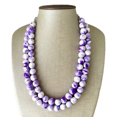 Purple Swirl Statement Necklace, Big Beaded necklace, chunky beaded necklace wedding, lavender jewelry, 2 strand white striped jewelry
