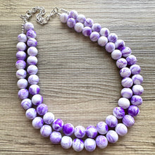 Load image into Gallery viewer, Purple Swirl Statement Necklace, Big Beaded necklace, chunky beaded necklace wedding, lavender jewelry, 2 strand white striped jewelry